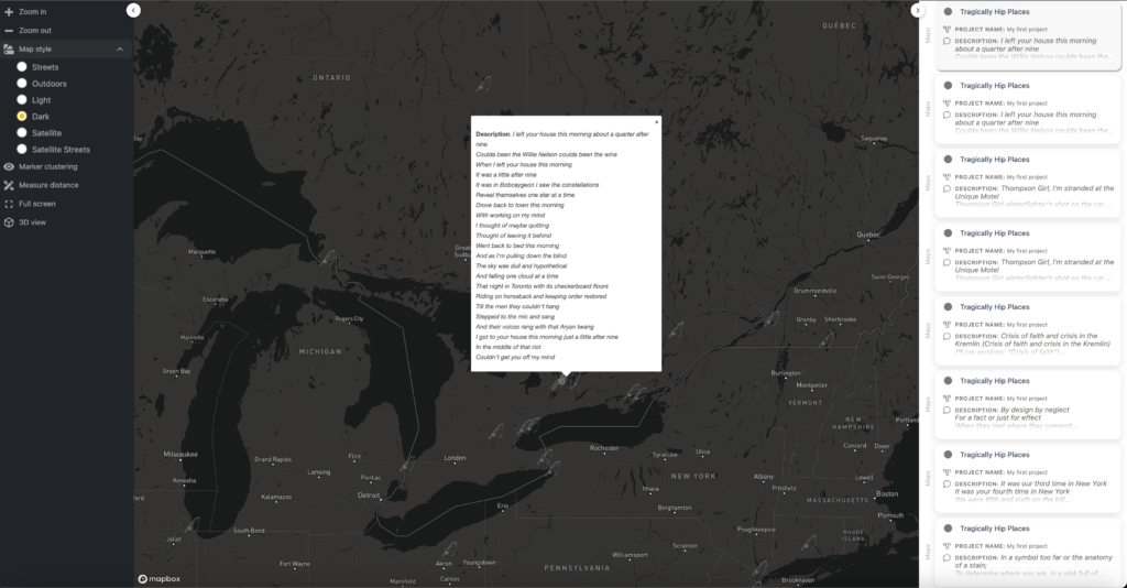 A digital map with a modal overtop with song lyrics. Data cards on the right in a list.