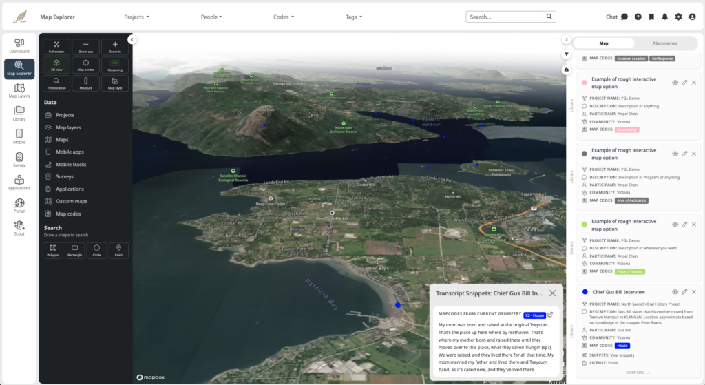 A digital map with a column of data cards on the right with information.