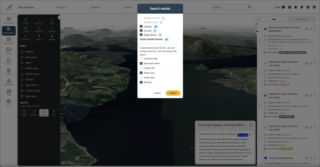A digital map with a modal with filter options