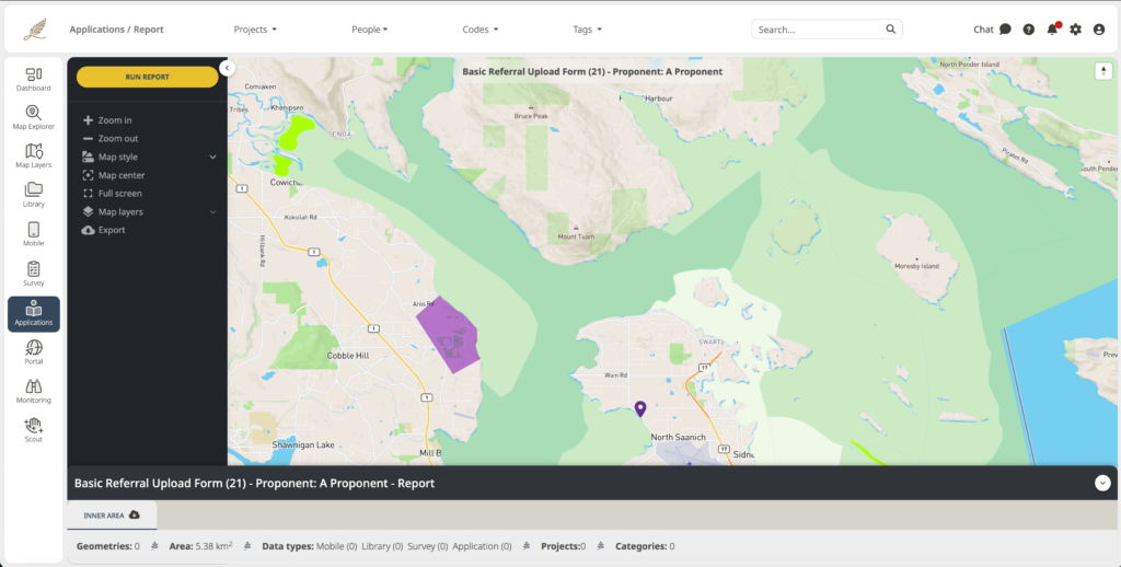A map on a webpage with coloured geometries