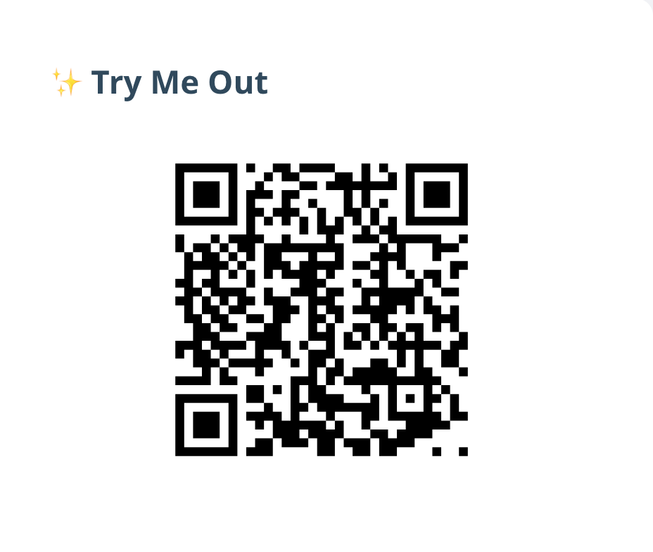A QR code with the text "Try me out"