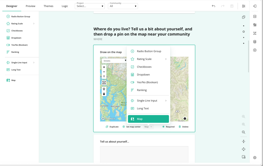 A survey builder with a dropdown showing