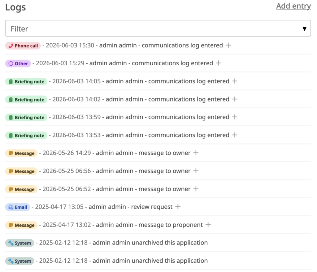 A list of logs with different data types like phone call, email and message
