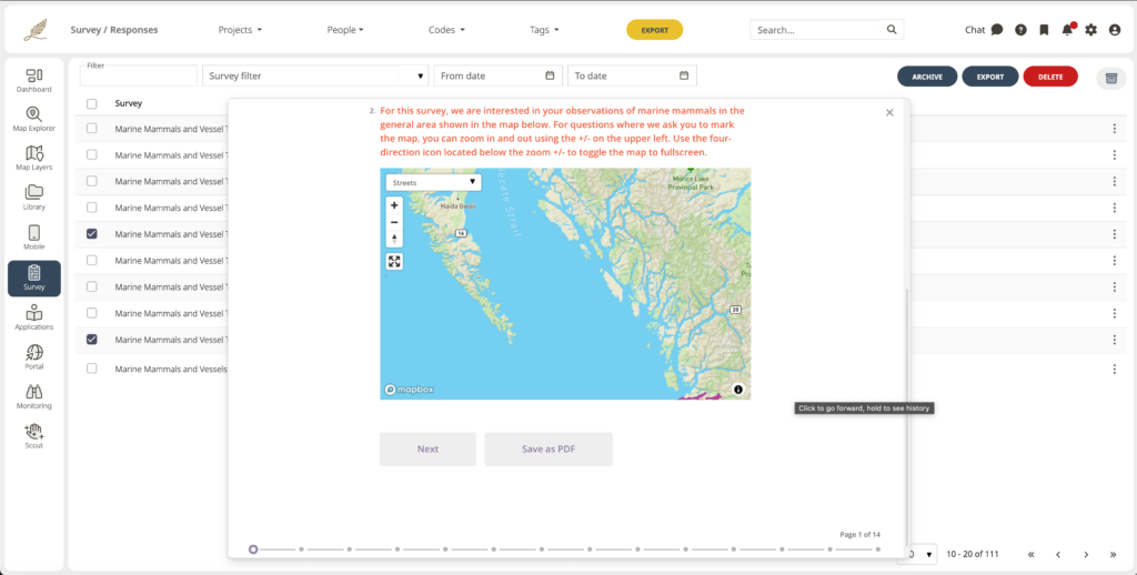 A webpage with responses from a survey